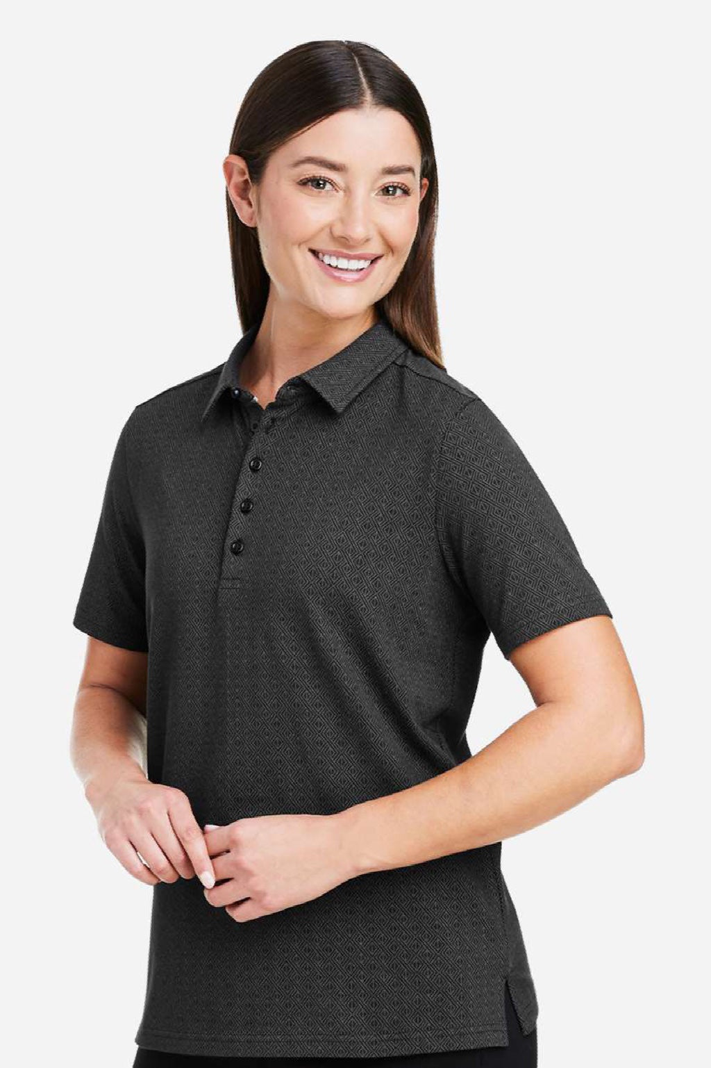 Devon & Jones DG101W Womens Crownlux Performance Geo Short Sleeve Polo Shirt Black/Graphite Grey Model Side