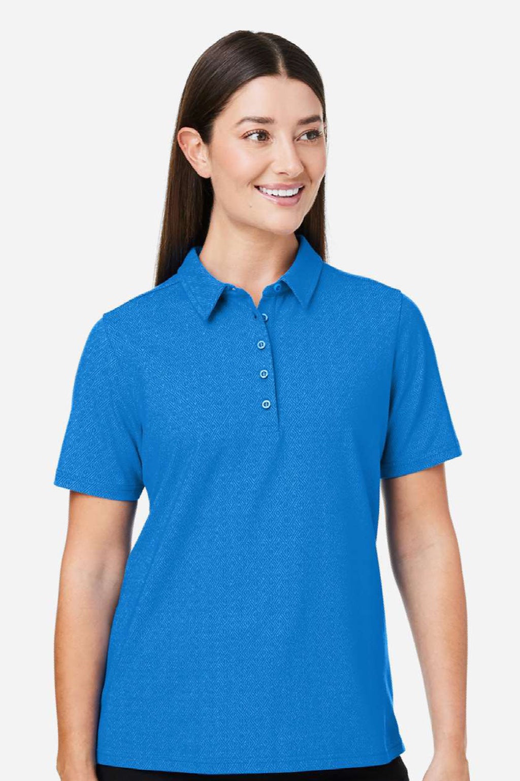 Devon & Jones DG101W Womens Crownlux Performance Geo Short Sleeve Polo Shirt French Blue Model Front
