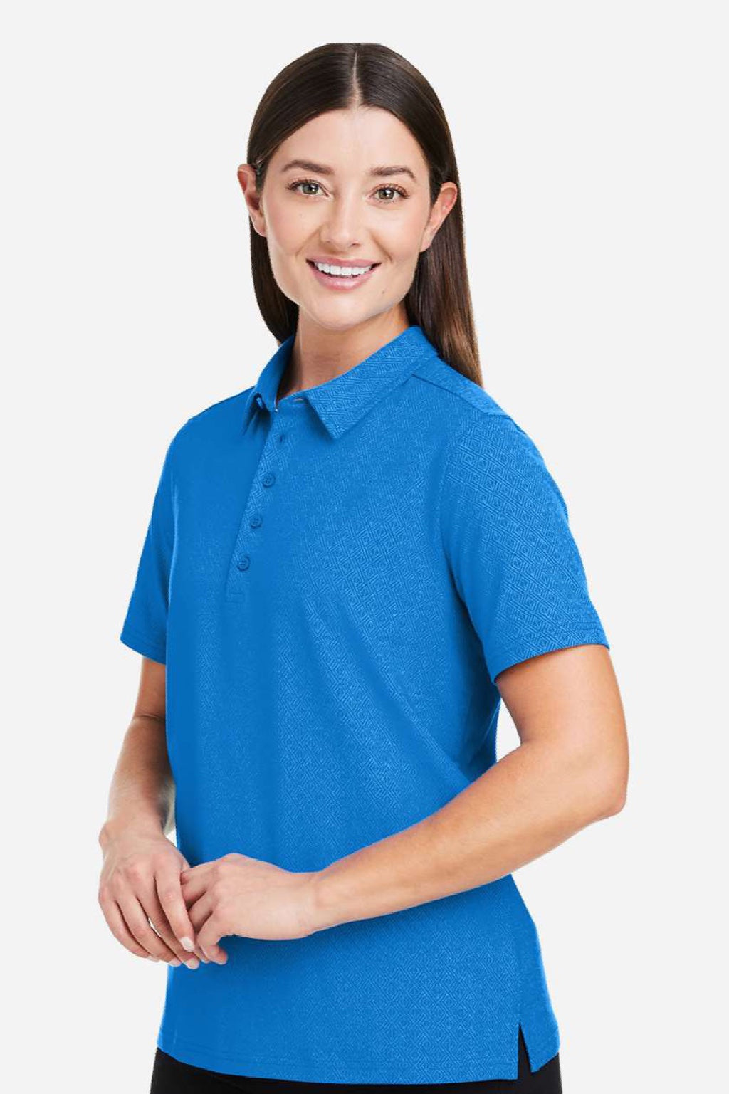 Devon & Jones DG101W Womens Crownlux Performance Geo Short Sleeve Polo Shirt French Blue Model Side