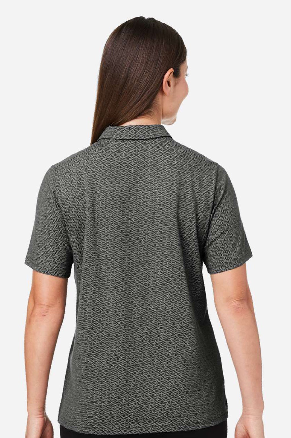 Devon & Jones DG101W Womens Crownlux Performance Geo Short Sleeve Polo Shirt Graphite Grey/Silver Grey Model Back