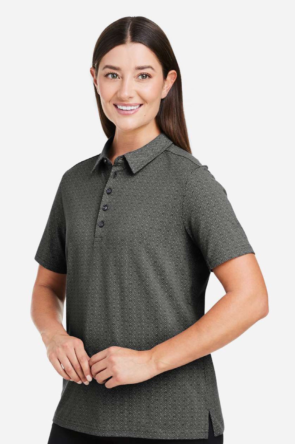 Devon & Jones DG101W Womens Crownlux Performance Geo Short Sleeve Polo Shirt Graphite Grey/Silver Grey Model Side