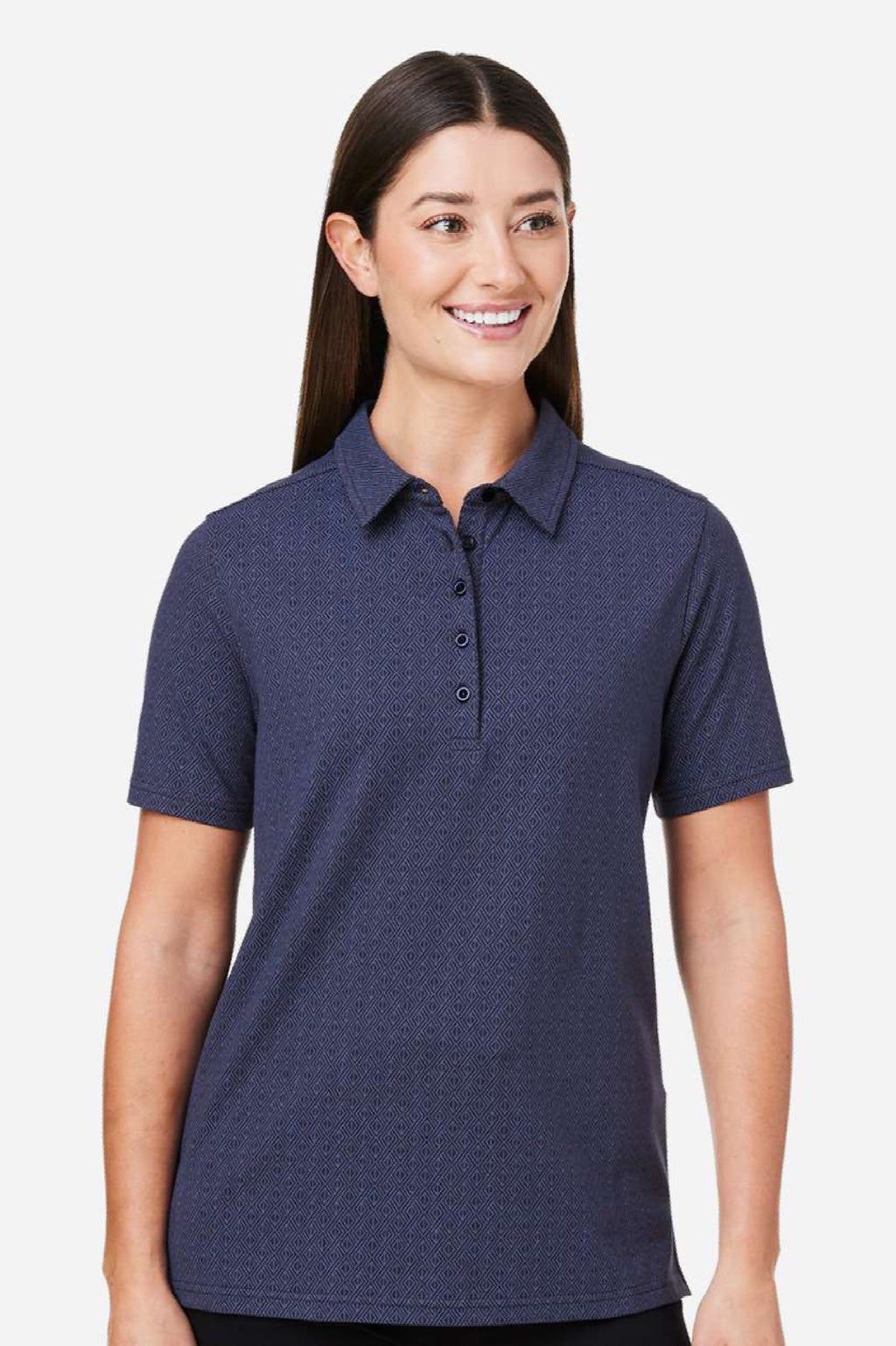 Devon & Jones DG101W Womens Crownlux Performance Geo Short Sleeve Polo Shirt Navy Blue/French Blue Model Front
