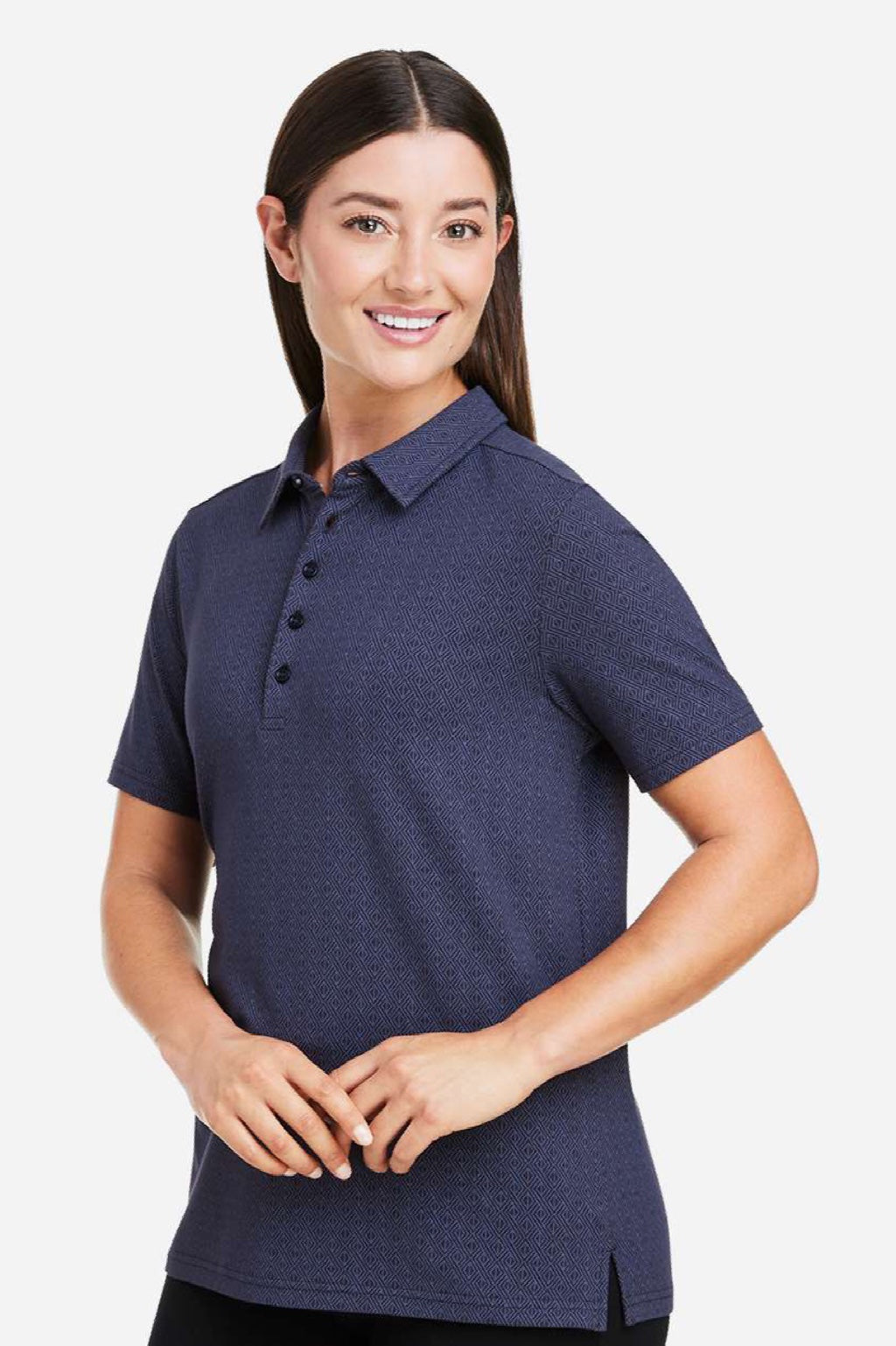 Devon & Jones DG101W Womens Crownlux Performance Geo Short Sleeve Polo Shirt Navy Blue/French Blue Model Side