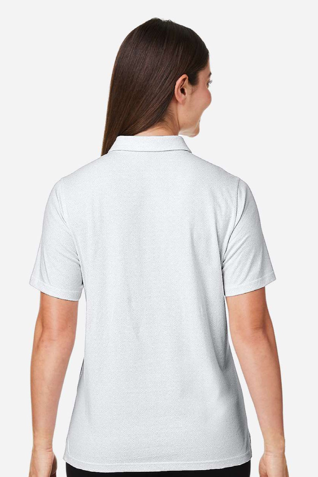 Devon & Jones DG101W Womens Crownlux Performance Geo Short Sleeve Polo Shirt White/Silver Grey Model Back