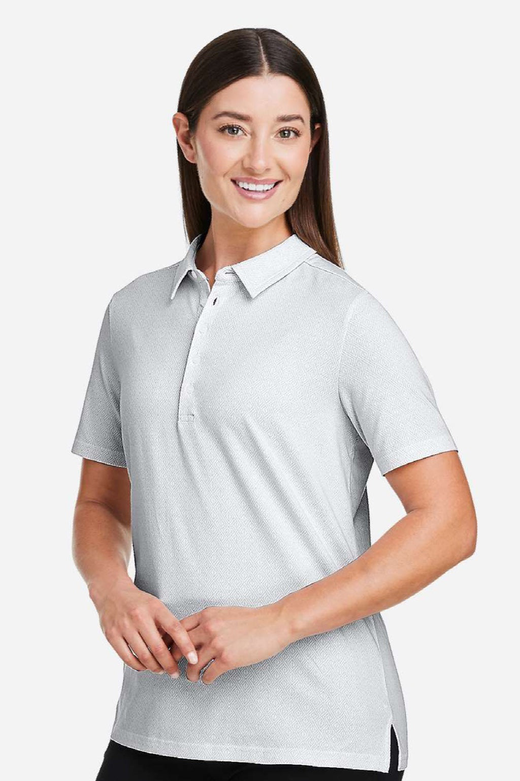 Devon & Jones DG101W Womens Crownlux Performance Geo Short Sleeve Polo Shirt White/Silver Grey Model Side