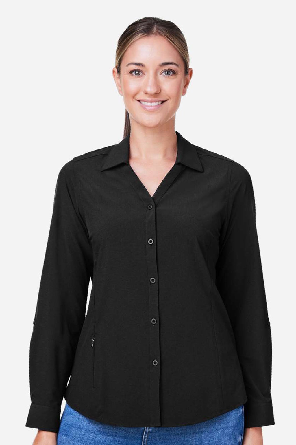 Core 365 CE510LW Womens Ultra UVP Marina Long Sleeve Button Down Shirt Black Model Front