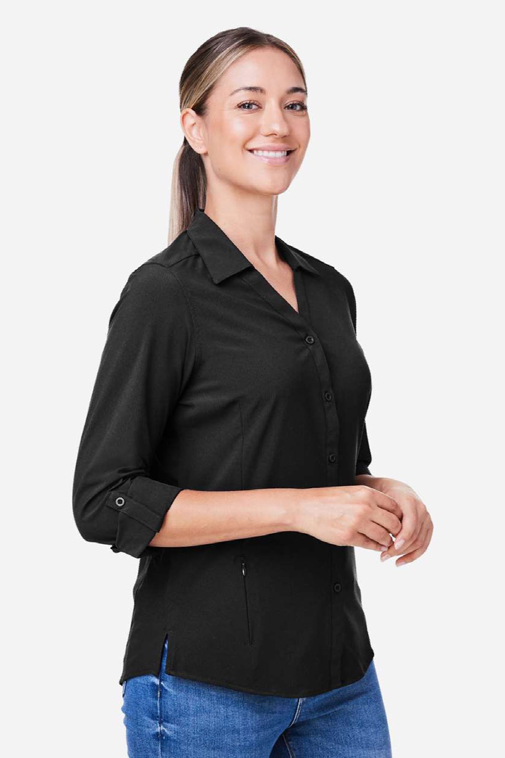 Core 365 CE510LW Womens Ultra UVP Marina Long Sleeve Button Down Shirt Black Model Side