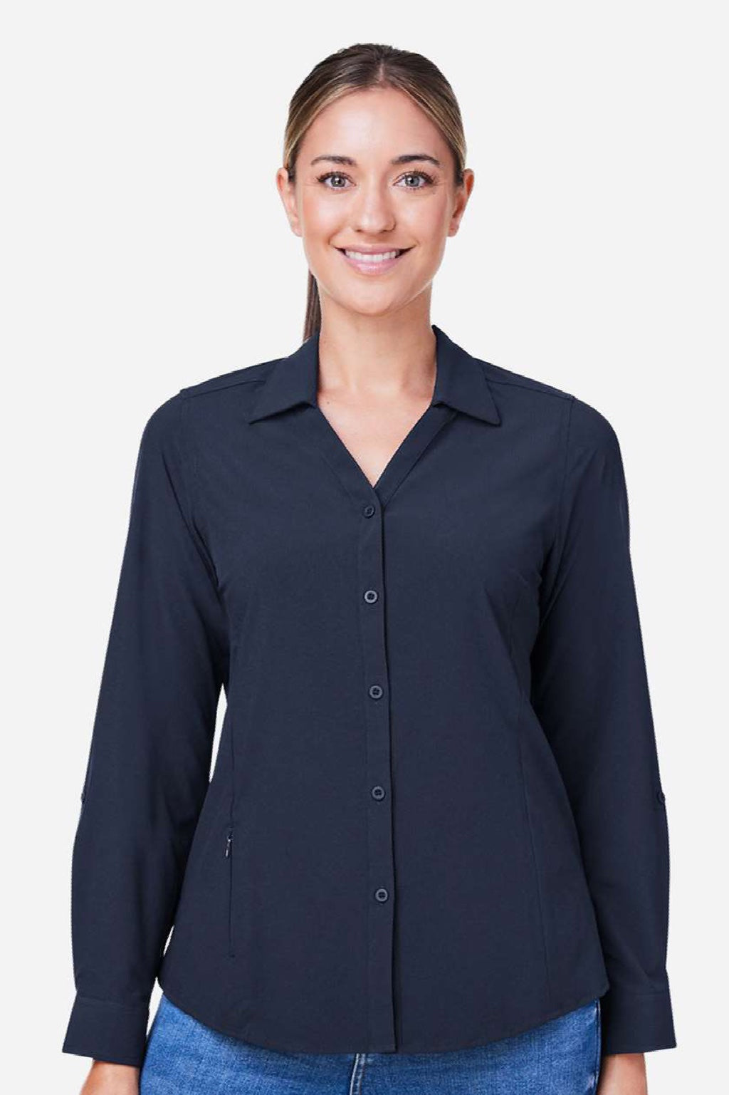 Core 365 CE510LW Womens Ultra UVP Marina Long Sleeve Button Down Shirt Classic Navy Blue Model Front