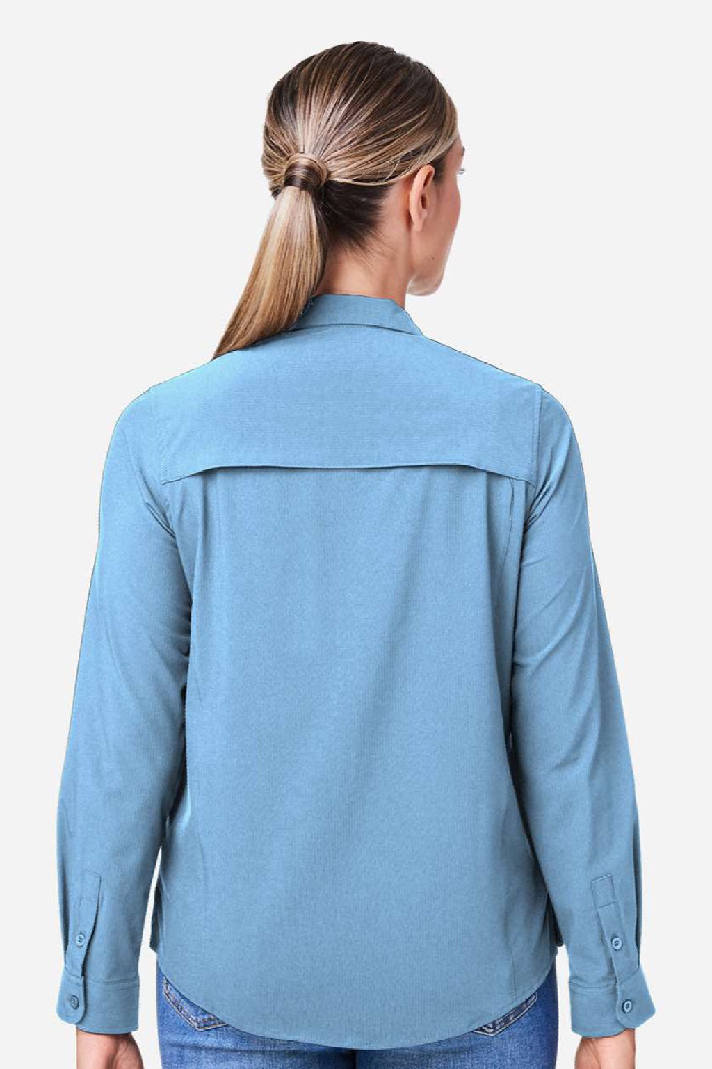 Core 365 CE510LW Womens Ultra UVP Marina Long Sleeve Button Down Shirt Columbia Blue Model Back