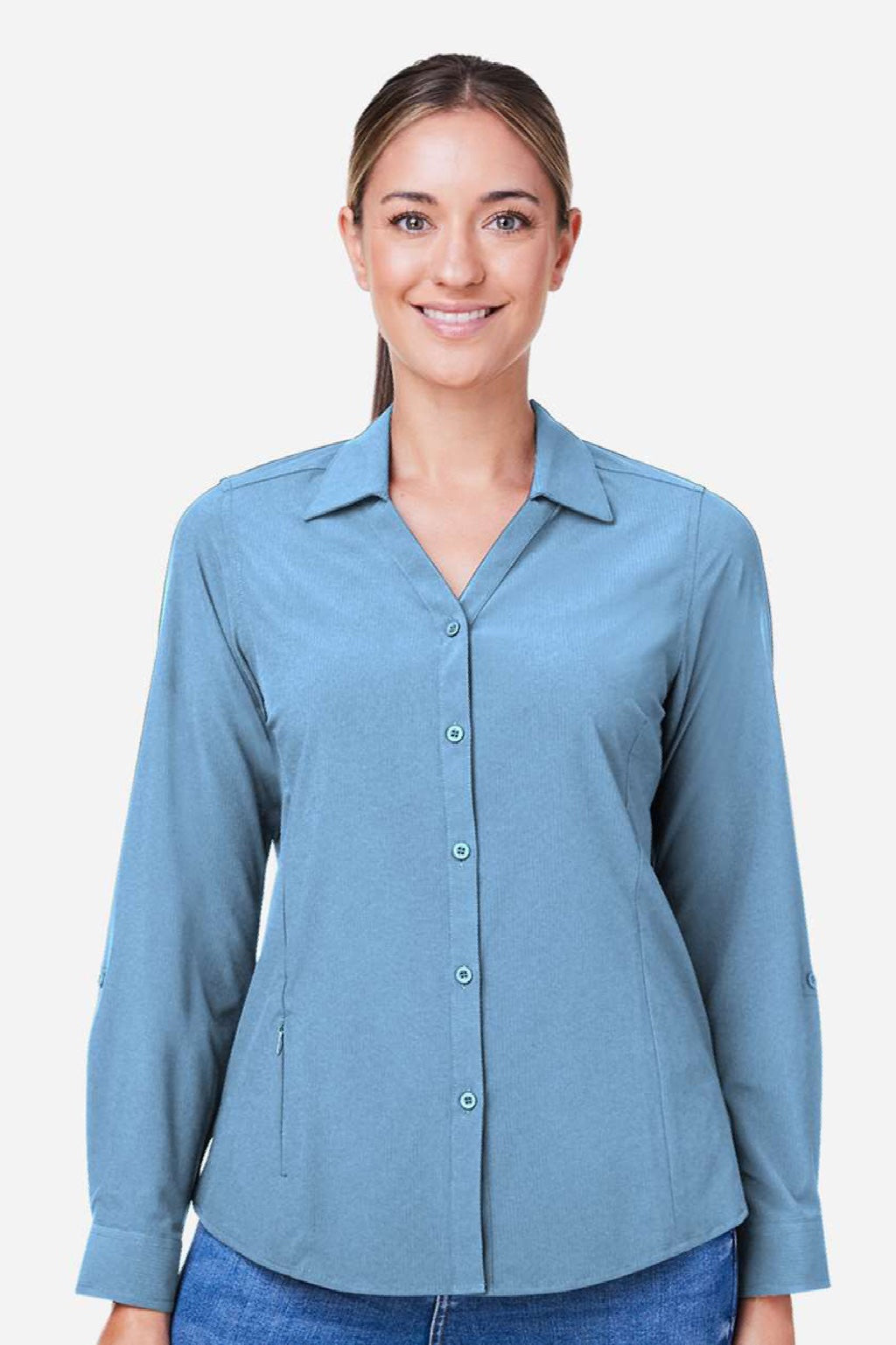 Core 365 CE510LW Womens Ultra UVP Marina Long Sleeve Button Down Shirt Columbia Blue Model Front