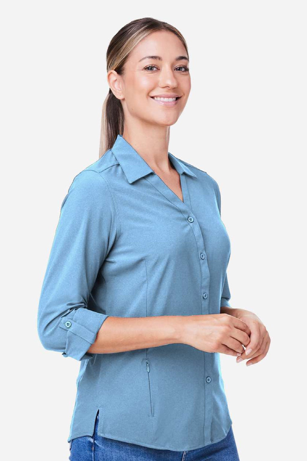 Core 365 CE510LW Womens Ultra UVP Marina Long Sleeve Button Down Shirt Columbia Blue Model Side