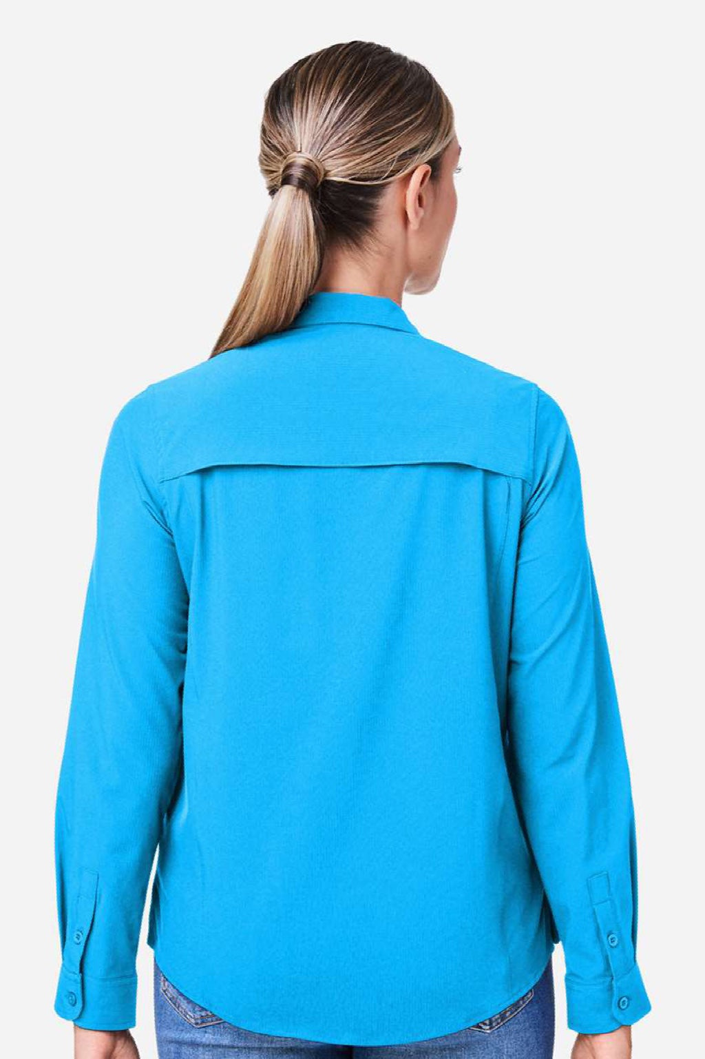 Core 365 CE510LW Womens Ultra UVP Marina Long Sleeve Button Down Shirt Electric Blue Model Back