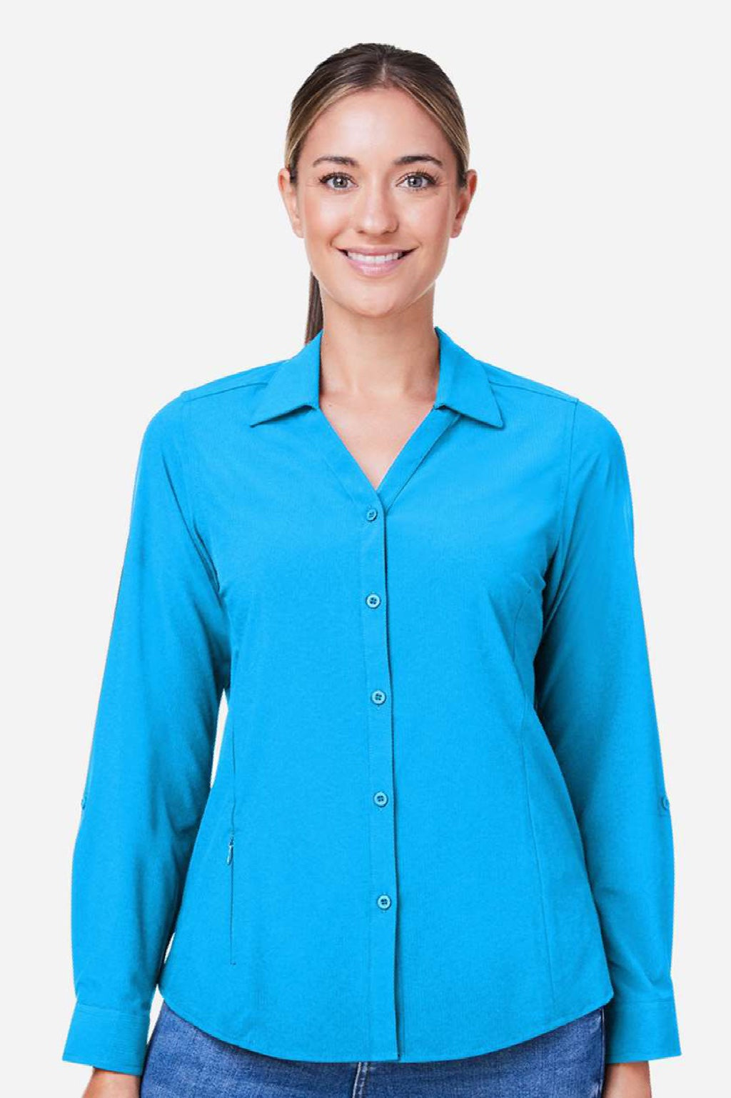 Core 365 CE510LW Womens Ultra UVP Marina Long Sleeve Button Down Shirt Electric Blue Model Front