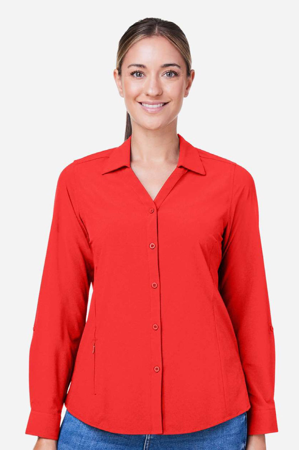 Core 365 CE510LW Womens Ultra UVP Marina Long Sleeve Button Down Shirt Marina Red Model Front
