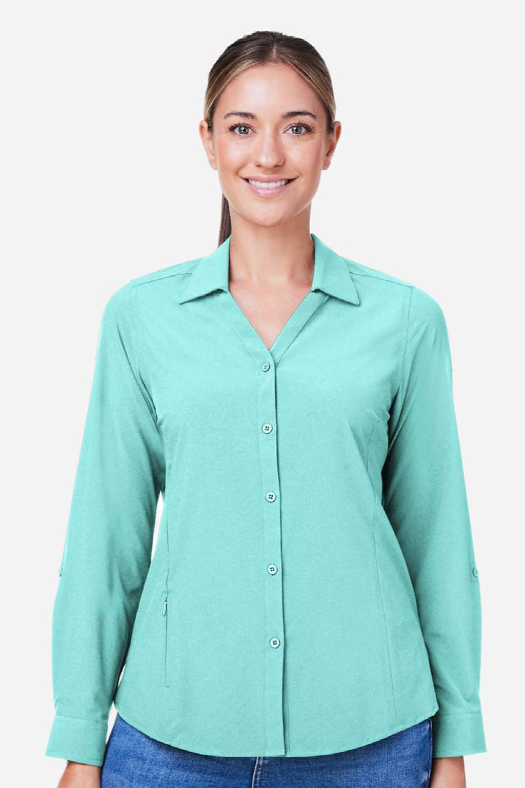 Core 365 CE510LW Womens Ultra UVP Marina Long Sleeve Button Down Shirt Sea Glass Blue Model Front