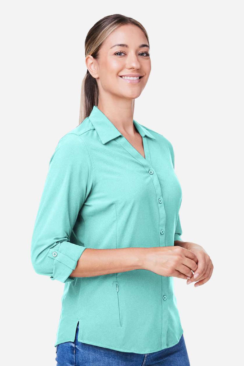Core 365 CE510LW Womens Ultra UVP Marina Long Sleeve Button Down Shirt Sea Glass Blue Model Side