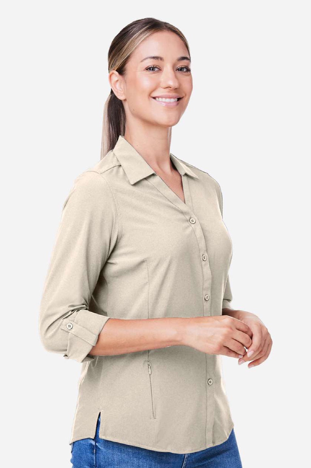 Core 365 CE510LW Womens Ultra UVP Marina Long Sleeve Button Down Shirt Stone Brown Model Side