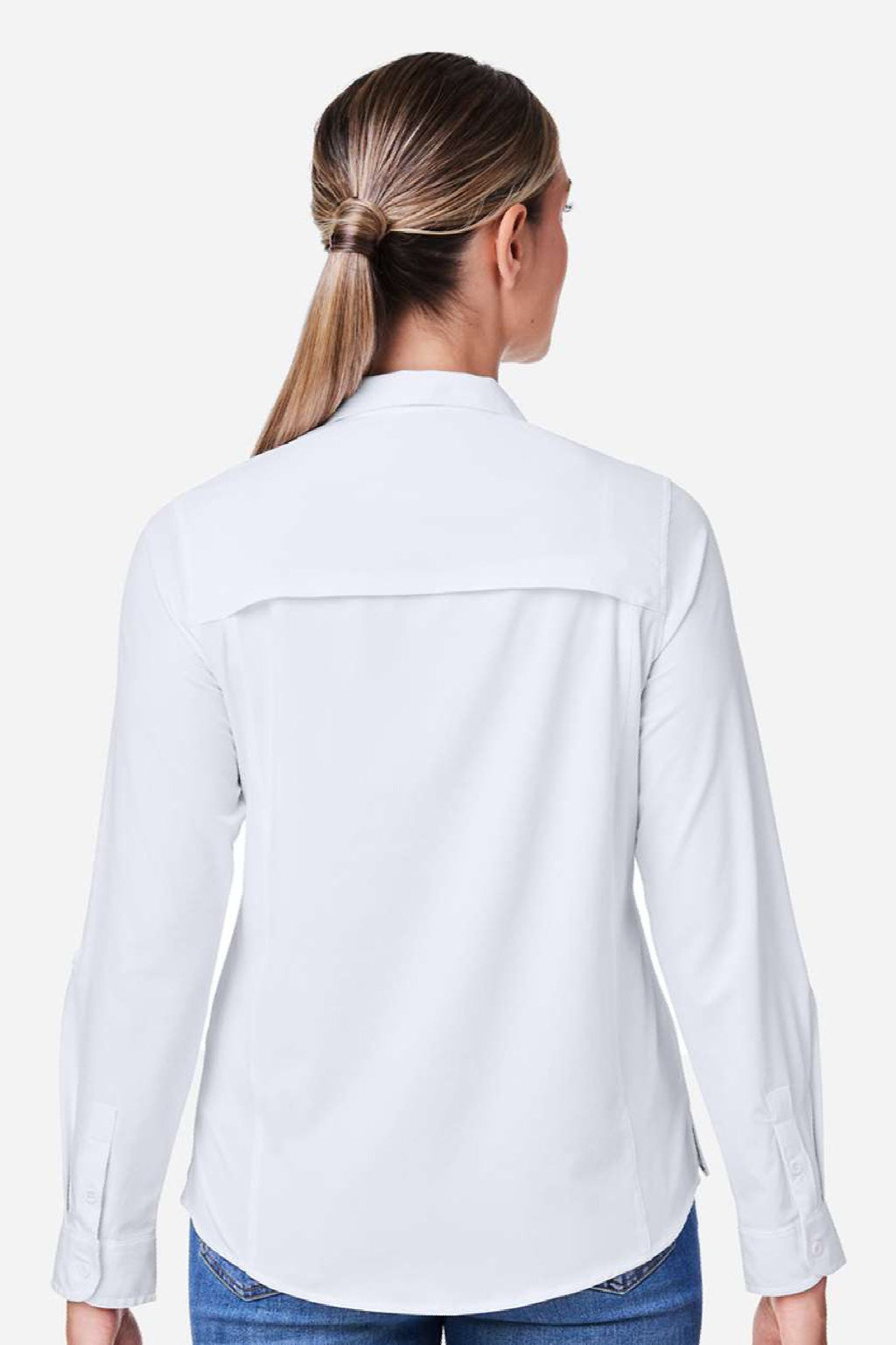 Core 365 CE510LW Womens Ultra UVP Marina Long Sleeve Button Down Shirt White Model Back