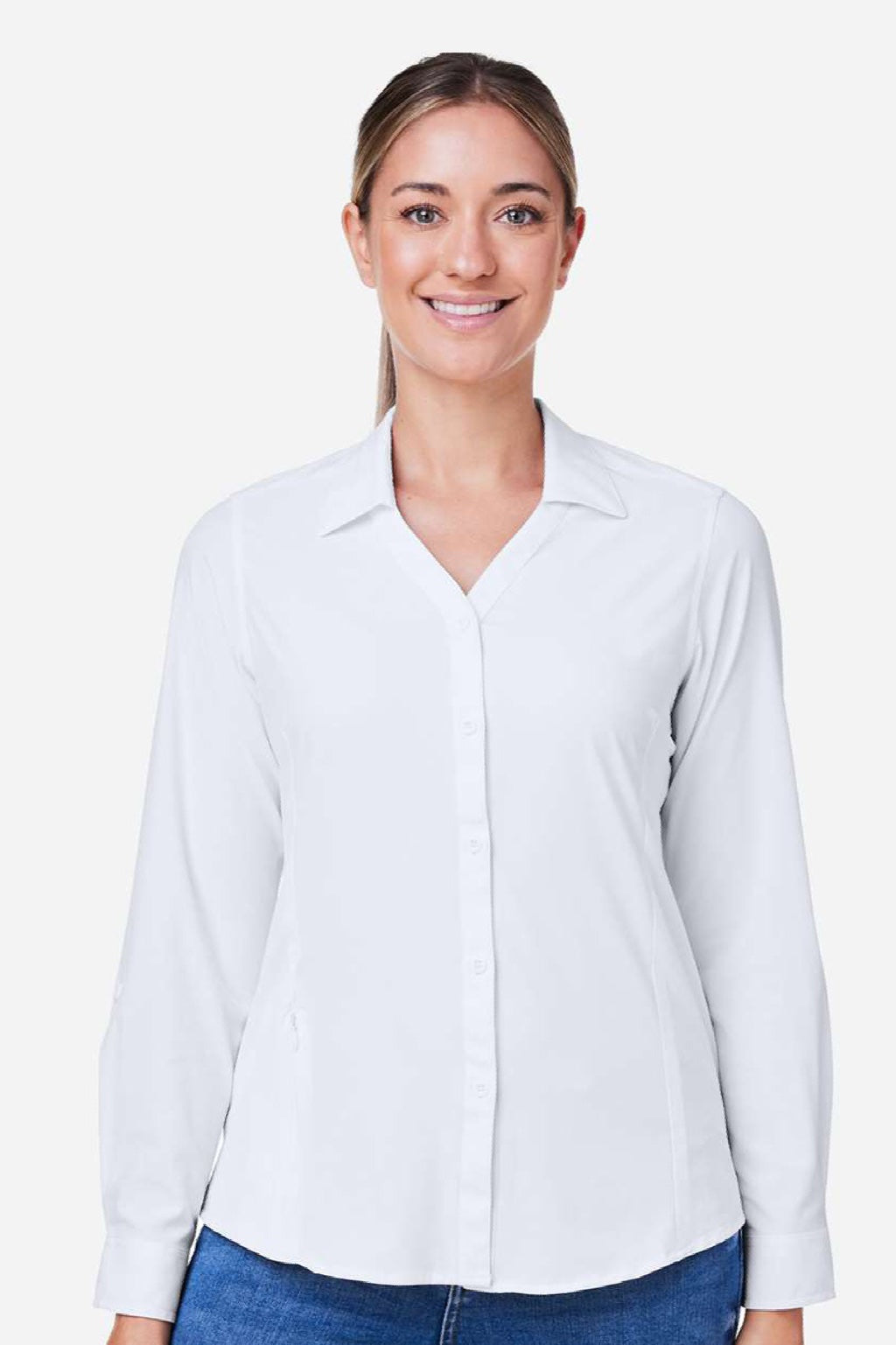 Core 365 CE510LW Womens Ultra UVP Marina Long Sleeve Button Down Shirt White Model Front