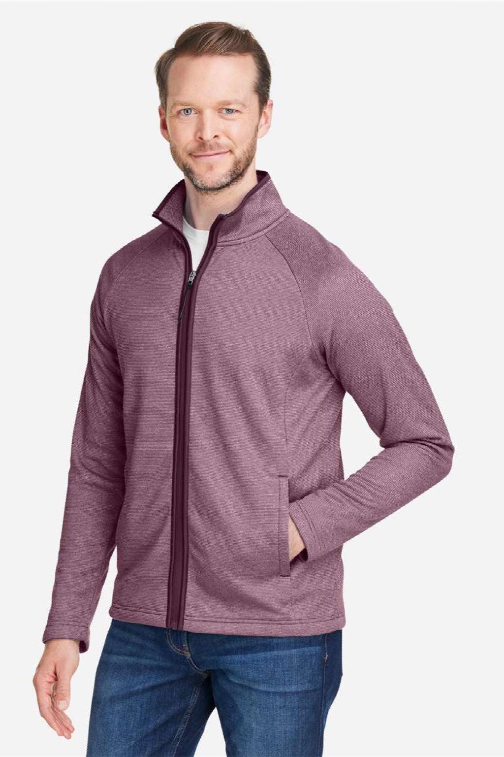 Core 365 CE72 Mens Venture Heathered Stripe Full Zip Jacket Burgundy/White Model Side