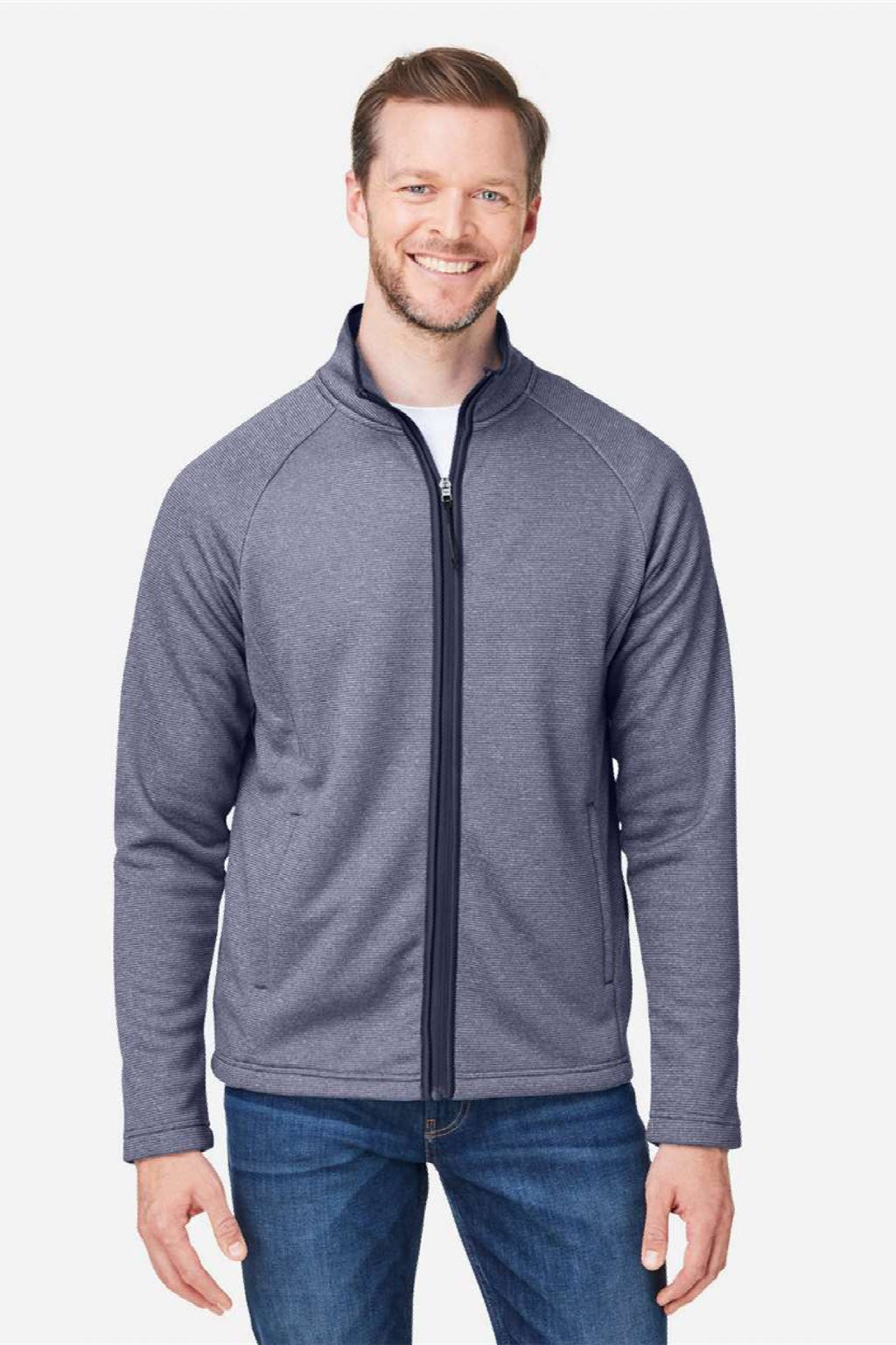 Core 365 CE72 Mens Venture Heathered Stripe Full Zip Jacket Classic Navy Blue/White Model Front