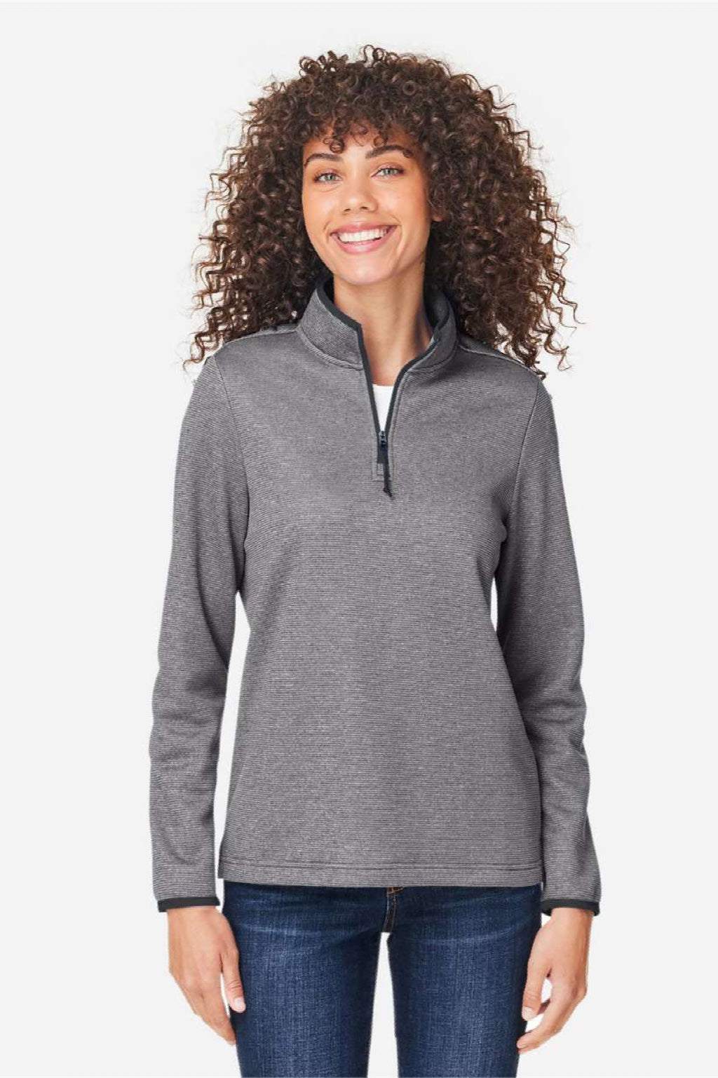 Core 365 CE73W Womens Venture Heathered Stripe 1/4 Zip Sweatshirt Black/White Model Front