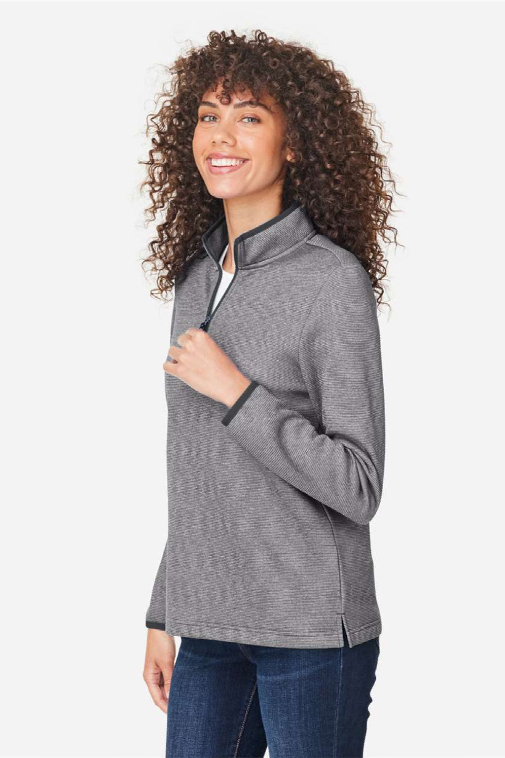 Core 365 CE73W Womens Venture Heathered Stripe 1/4 Zip Sweatshirt Black/White Model Side