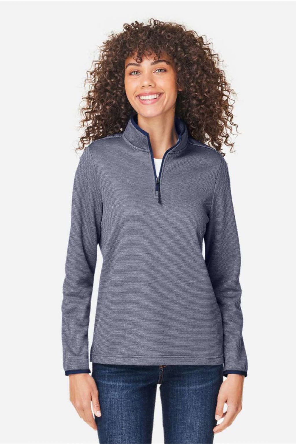 Core 365 CE73W Womens Venture Heathered Stripe 1/4 Zip Sweatshirt Classic Navy Blue/White Model Front