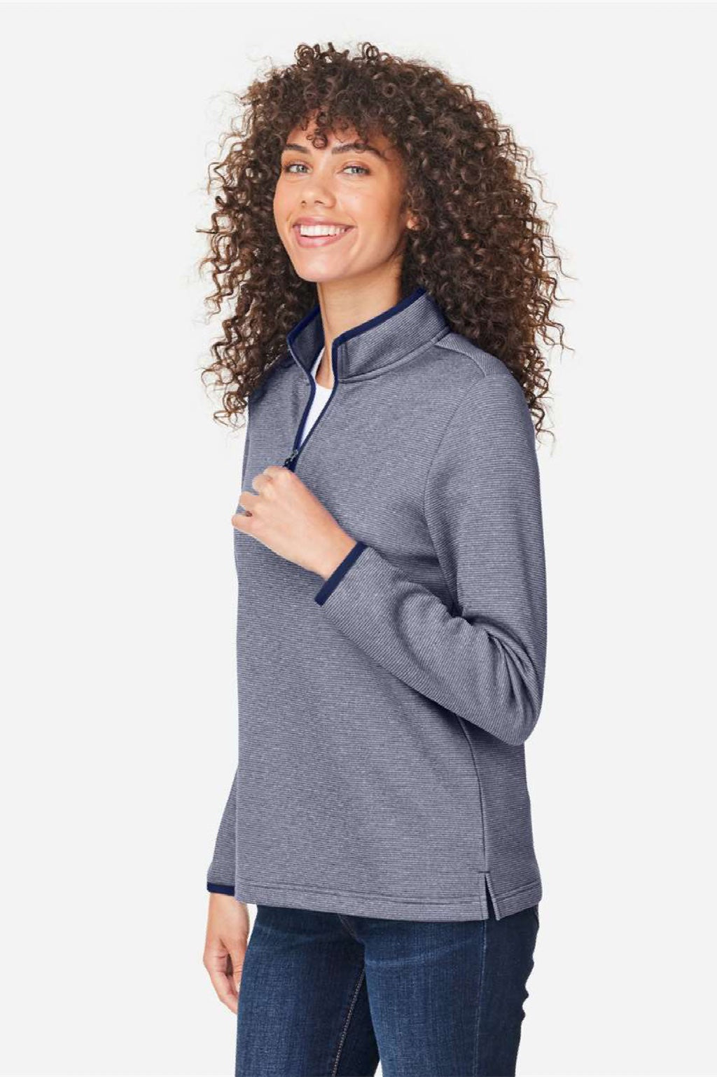Core 365 CE73W Womens Venture Heathered Stripe 1/4 Zip Sweatshirt Classic Navy Blue/White Model Side