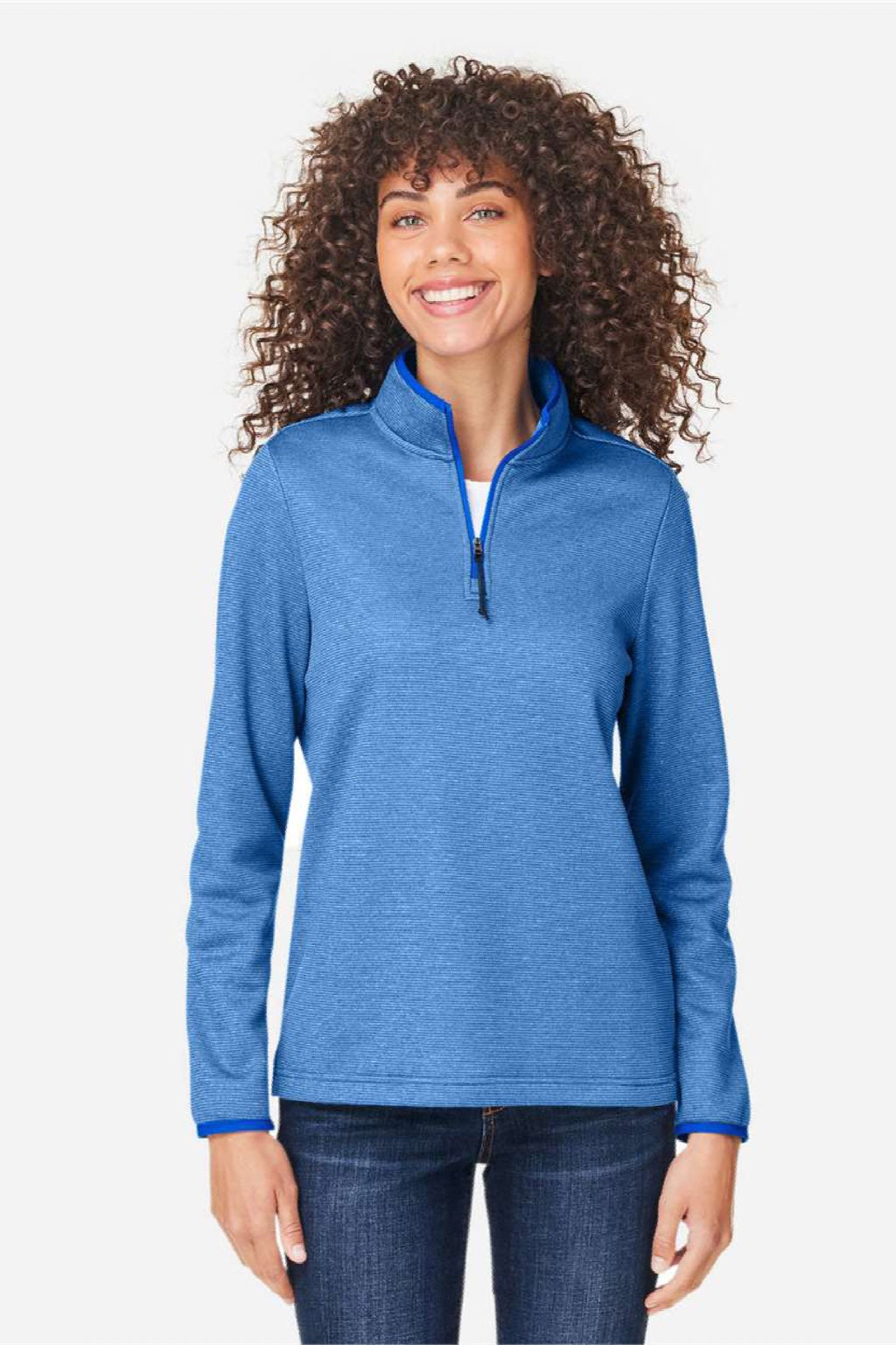 Core 365 CE73W Womens Venture Heathered Stripe 1/4 Zip Sweatshirt True Royal Blue/White Model Front