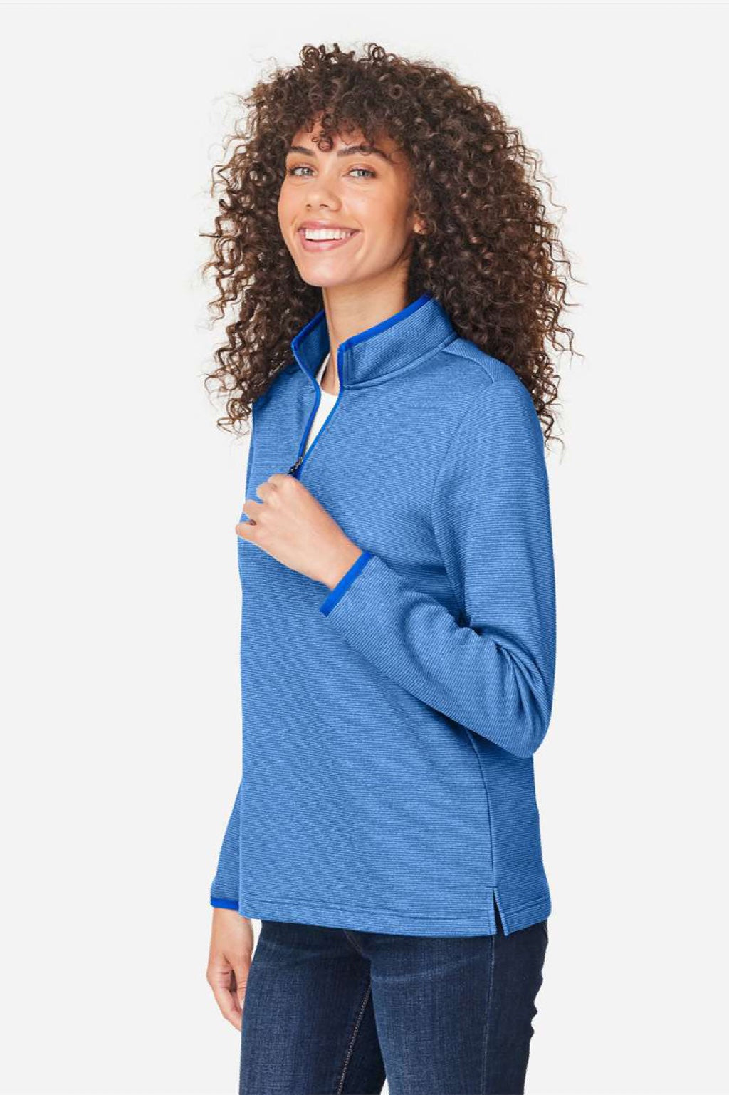 Core 365 CE73W Womens Venture Heathered Stripe 1/4 Zip Sweatshirt True Royal Blue/White Model Side
