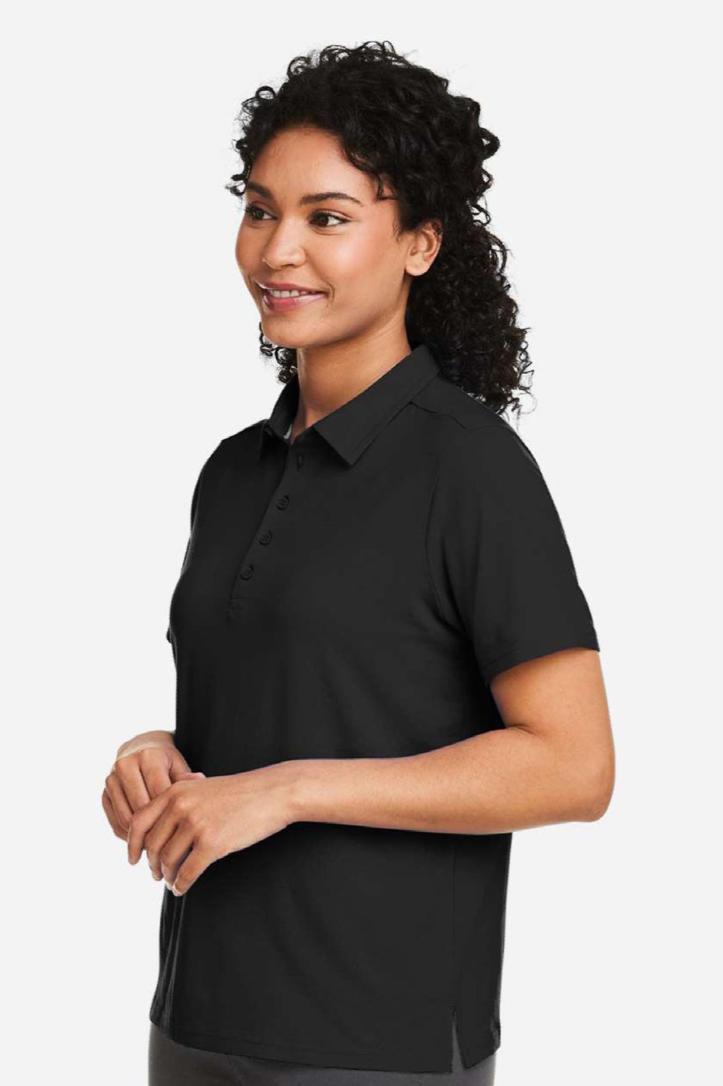 Devon & Jones DG120W Womens Raleigh Stretch Short Sleeve Polo Shirt Black Model Side
