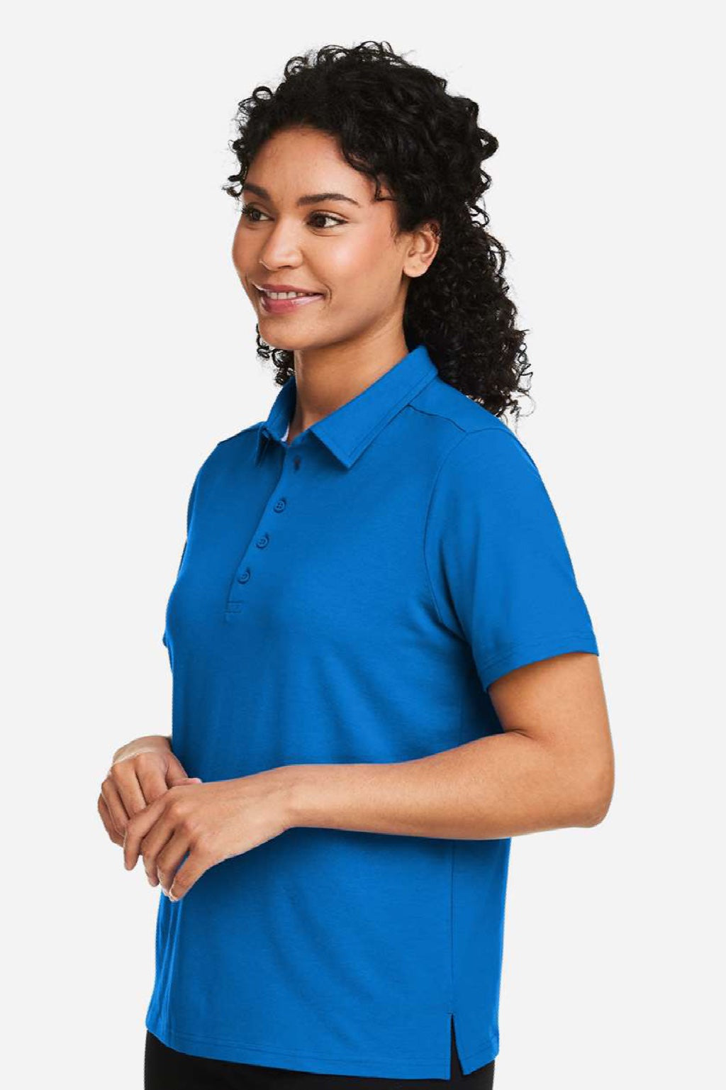 Devon & Jones DG120W Womens Raleigh Stretch Short Sleeve Polo Shirt French Blue Model Side