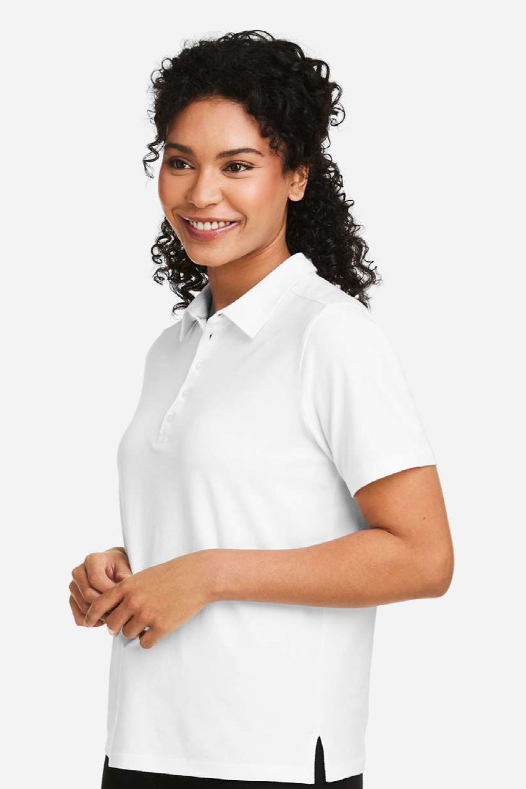 Devon & Jones DG120W Womens Raleigh Stretch Short Sleeve Polo Shirt White Model Side