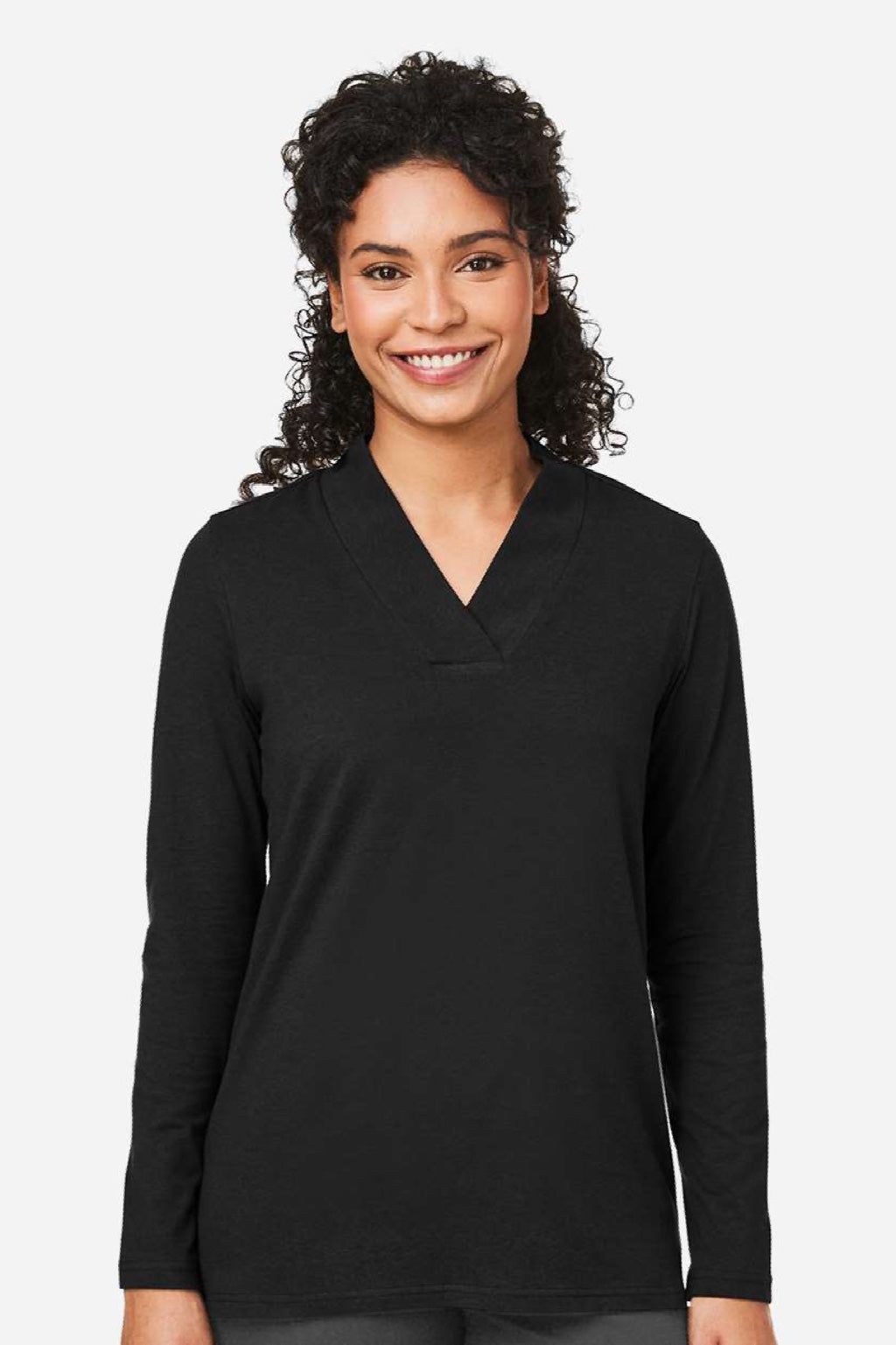 Devon & Jones DP121W Womens Raleigh Shawl Collar Knit Long Sleeve Shirt Black Model Front