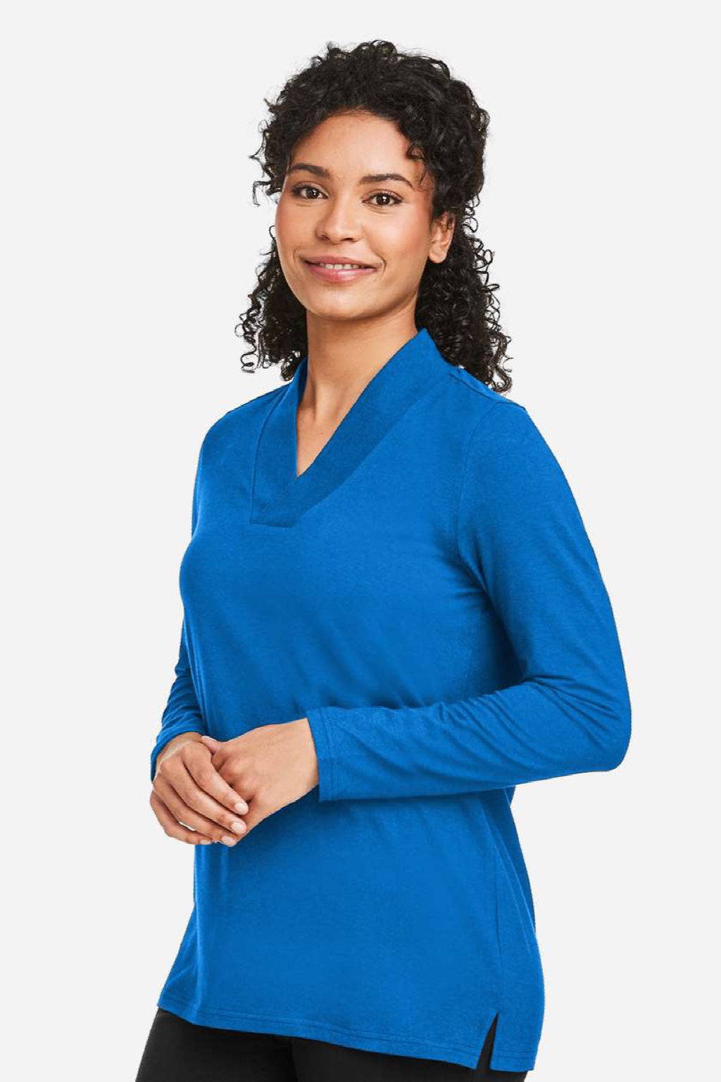 Devon & Jones DP121W Womens Raleigh Shawl Collar Knit Long Sleeve Shirt French Blue Model Side
