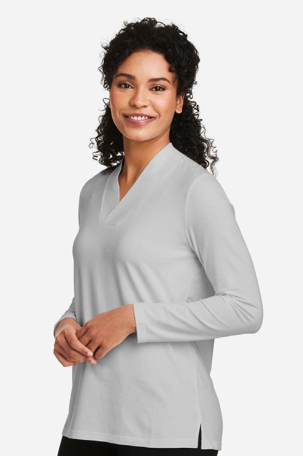 Devon & Jones DP121W Womens Raleigh Shawl Collar Knit Long Sleeve Shirt Grey Model Side