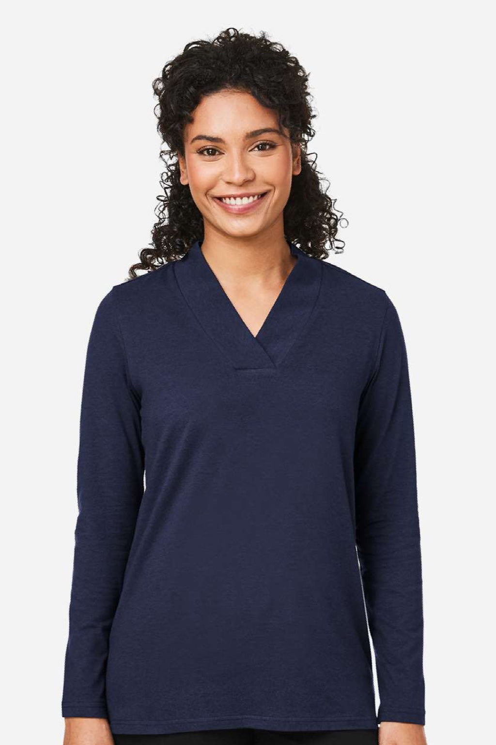 Devon & Jones DP121W Womens Raleigh Shawl Collar Knit Long Sleeve Shirt Navy Blue Model Front