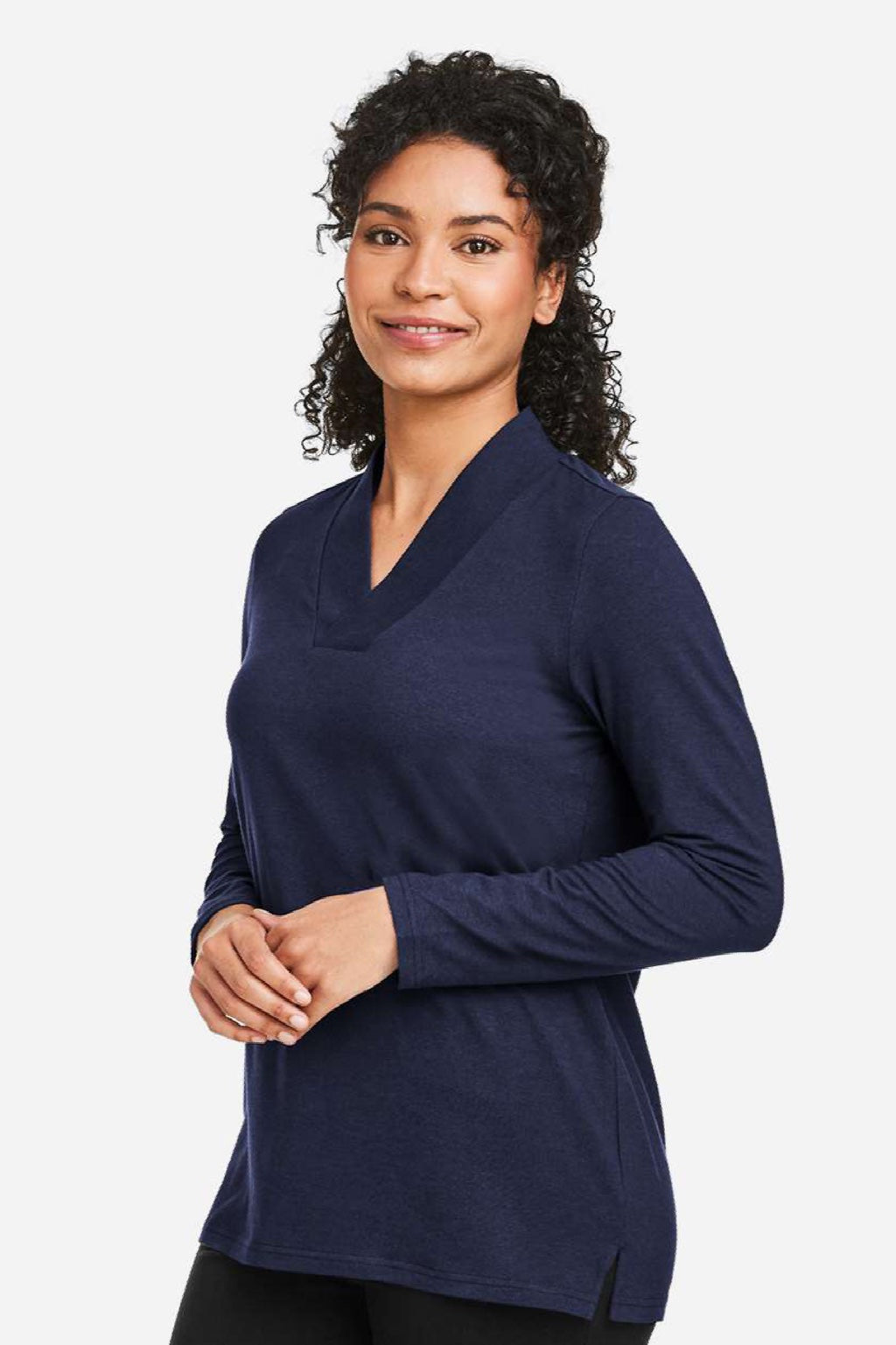 Devon & Jones DP121W Womens Raleigh Shawl Collar Knit Long Sleeve Shirt Navy Blue Model Side