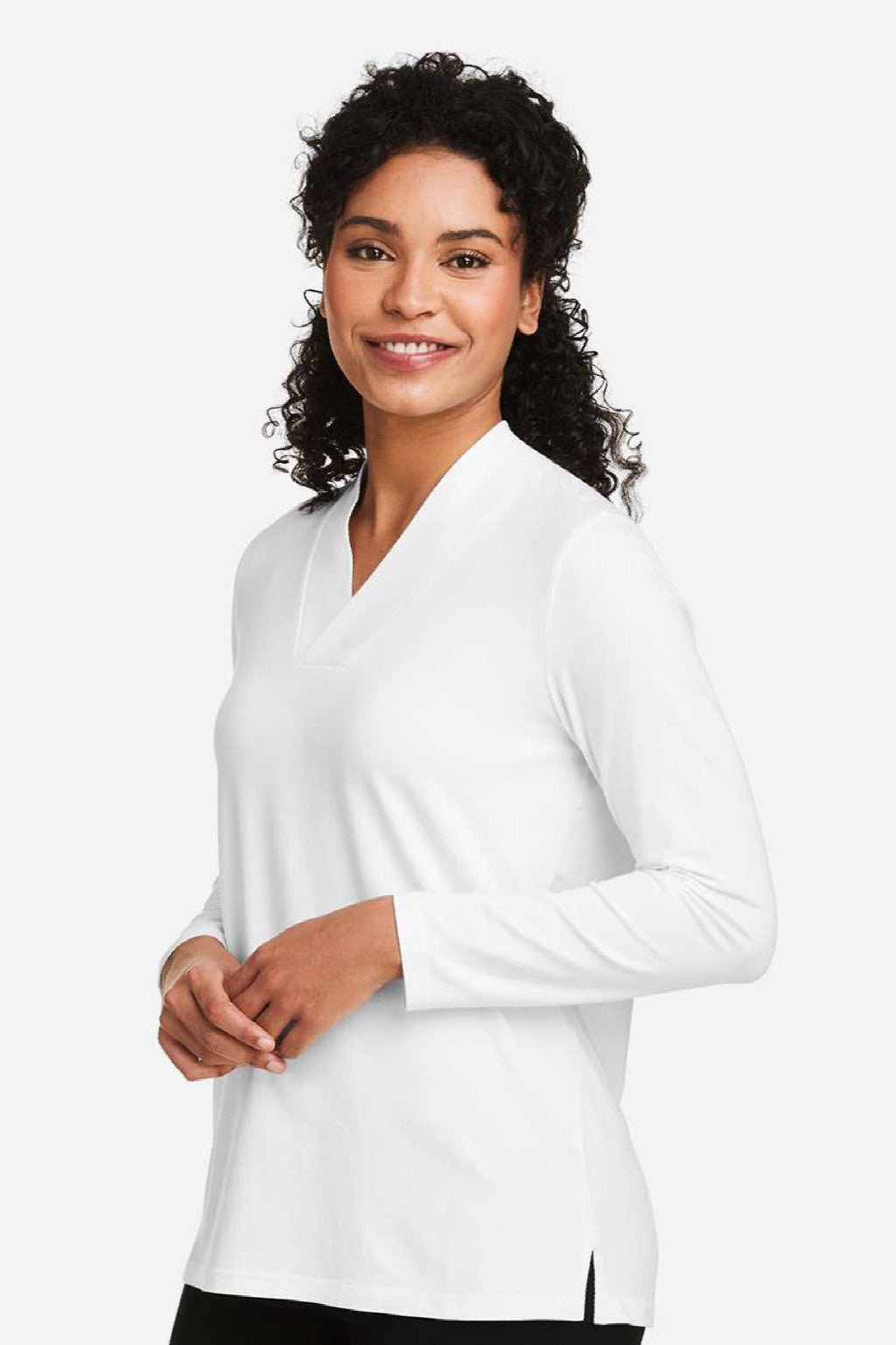 Devon & Jones DP121W Womens Raleigh Shawl Collar Knit Long Sleeve Shirt White Model Side