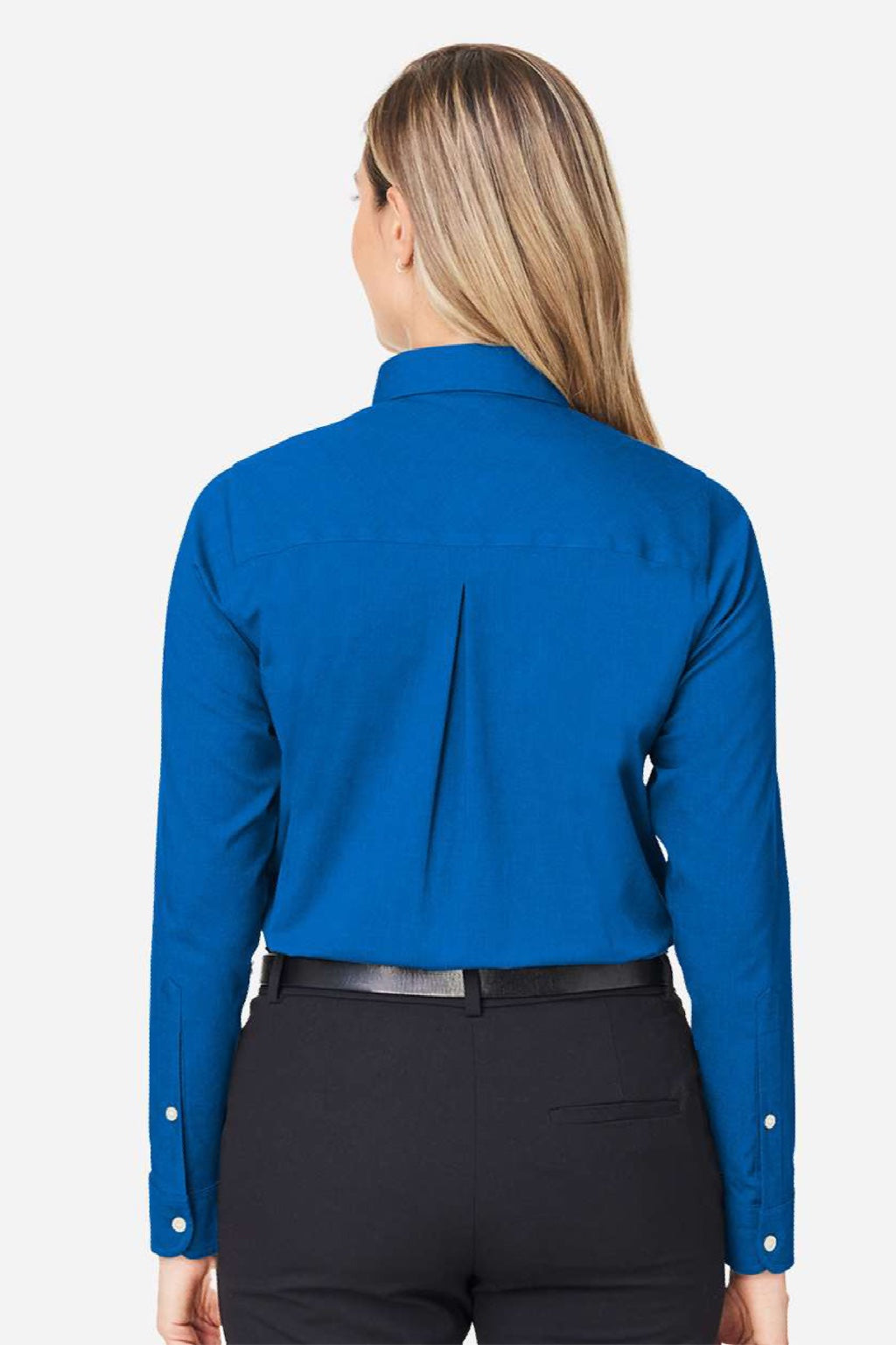 Devon & Jones DG505W Womens CrownLux Performance Spencer Poplin Long Sleeve Button Down Shirt French Blue Melange Model Back
