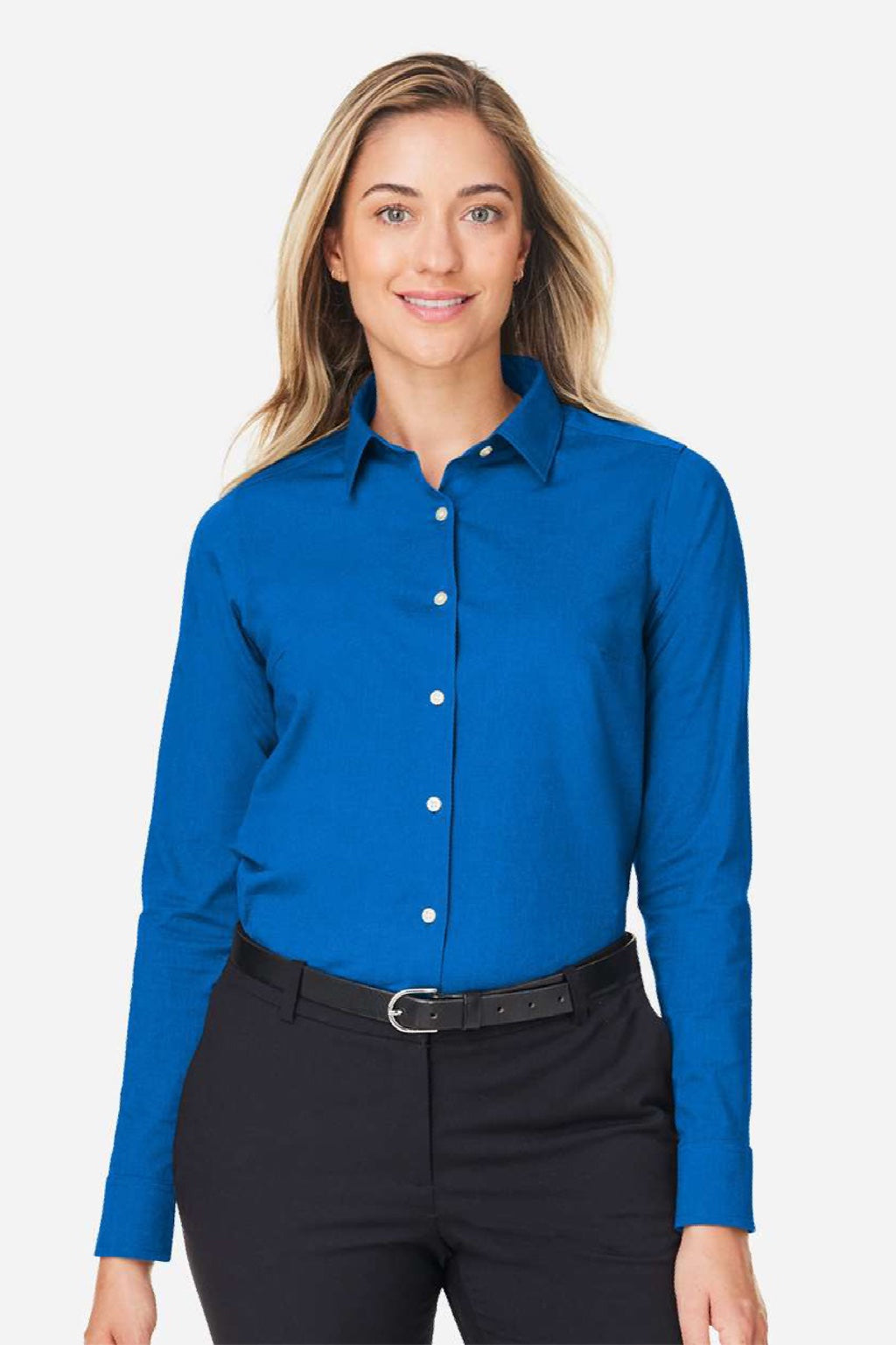 Devon & Jones DG505W Womens CrownLux Performance Spencer Poplin Long Sleeve Button Down Shirt French Blue Melange Model Front
