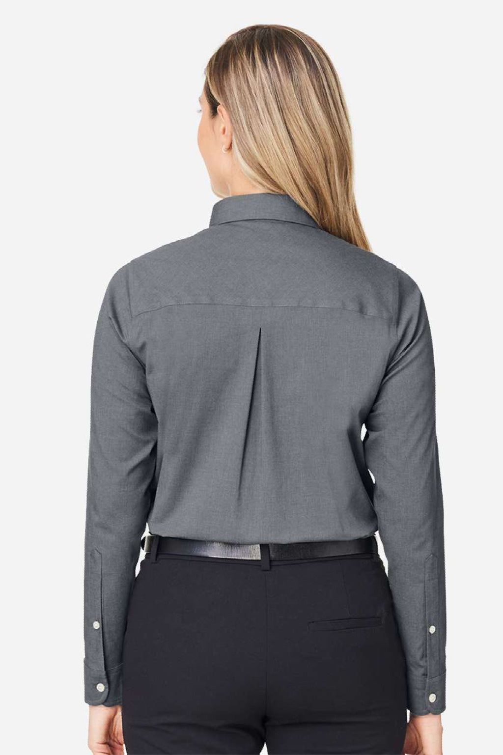 Devon & Jones DG505W Womens CrownLux Performance Spencer Poplin Long Sleeve Button Down Shirt Graphite Grey Melange Model Back