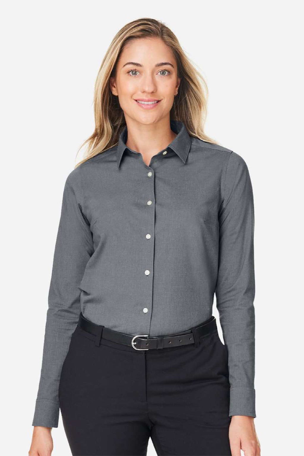 Devon & Jones DG505W Womens CrownLux Performance Spencer Poplin Long Sleeve Button Down Shirt Graphite Grey Melange Model Front