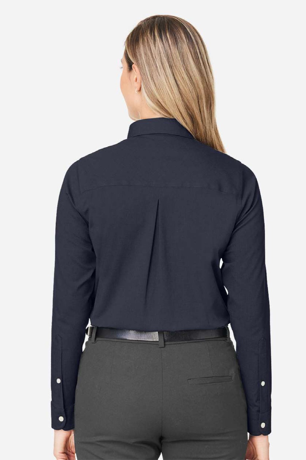 Devon & Jones DG505W Womens CrownLux Performance Spencer Poplin Long Sleeve Button Down Shirt Navy Blue Melange Model Back