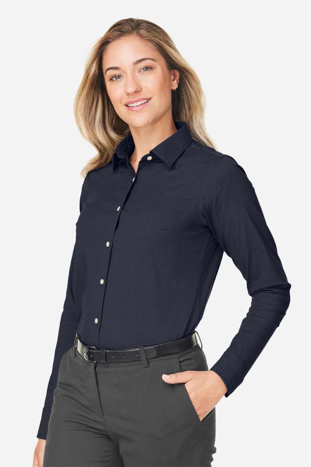 Devon & Jones DG505W Womens CrownLux Performance Spencer Poplin Long Sleeve Button Down Shirt Navy Blue Melange Model Side
