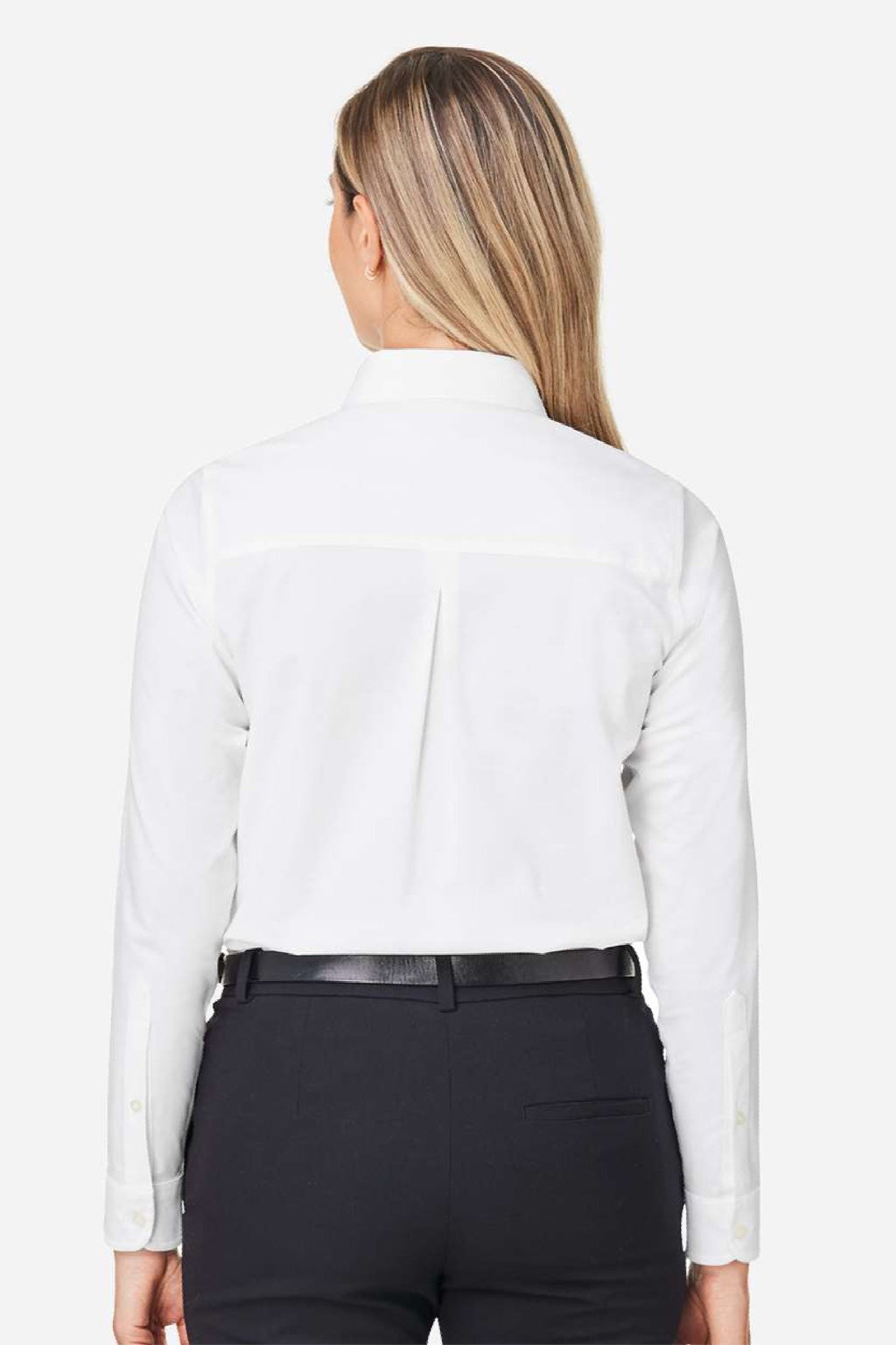 Devon & Jones DG505W Womens CrownLux Performance Spencer Poplin Long Sleeve Button Down Shirt White Model Back