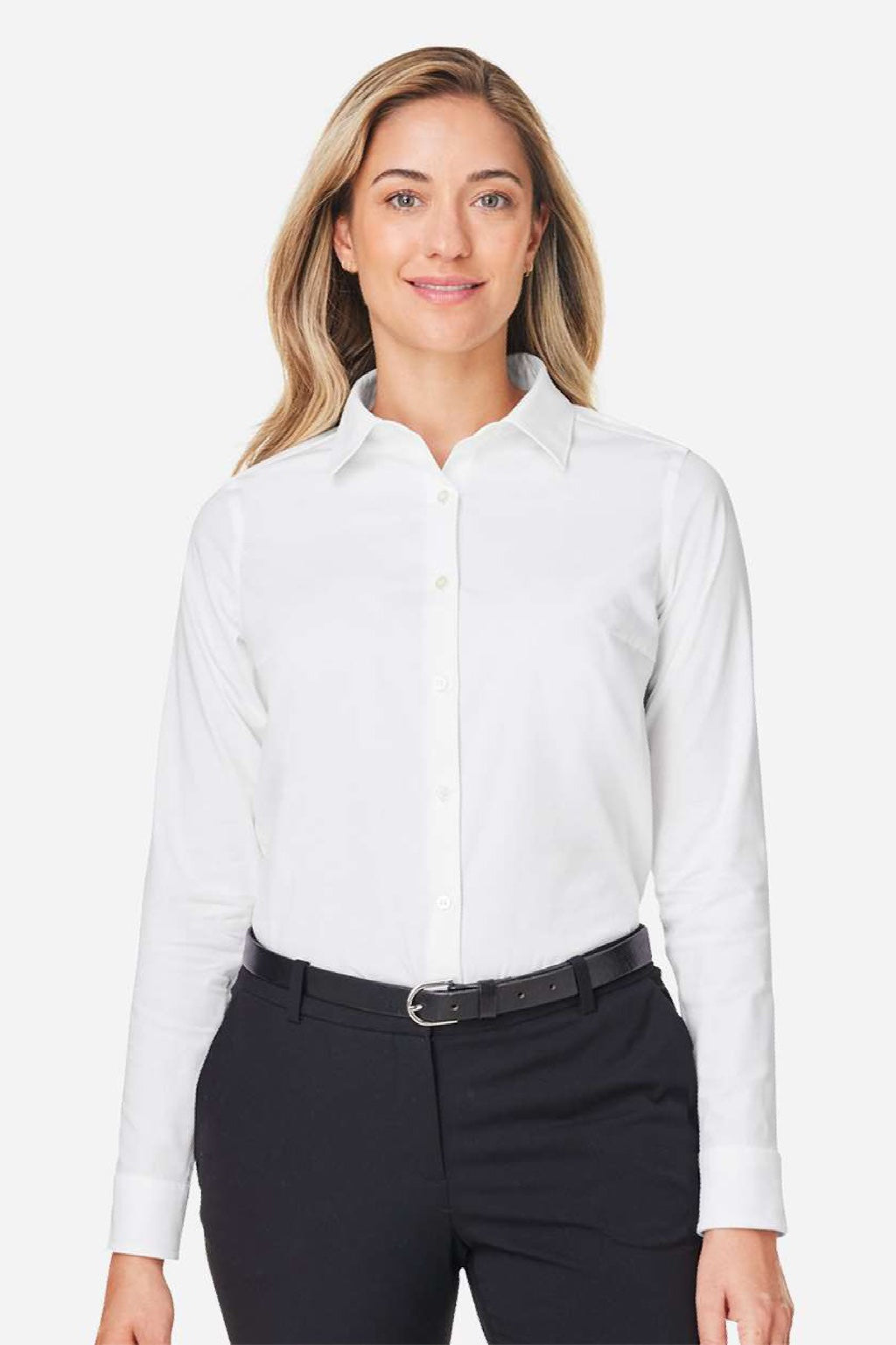 Devon & Jones DG505W Womens CrownLux Performance Spencer Poplin Long Sleeve Button Down Shirt White Model Front