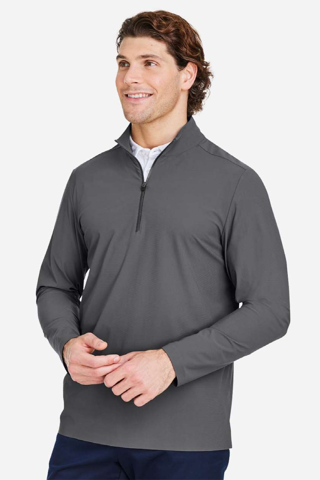 Devon & Jones DG410 Mens CrownLux Performance Windsor Welded 1/4 Zip Sweatshirt Graphite Grey Model Side