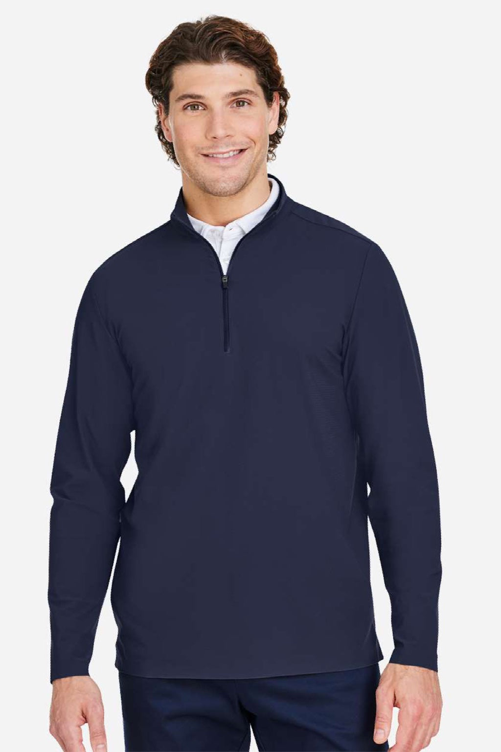 Devon & Jones DG410 Mens CrownLux Performance Windsor Welded 1/4 Zip Sweatshirt Navy Blue Model Front